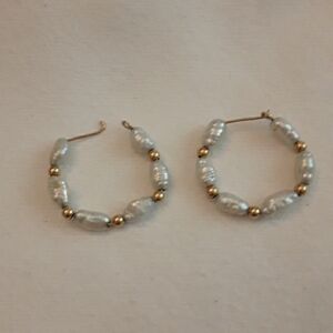 14K and Rice pearl wire hoop earrings